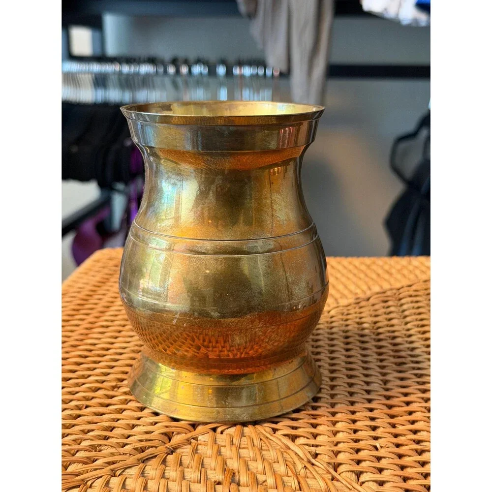 Vintage Brass Vase | Aged Brass Urn Vessel | Mid Century Brass Decor | Patina Fl